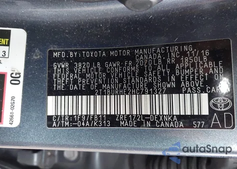 2017 Toyota Corolla Le z USA, uszkodzony, nr VIN 2T1BURHE2HC791327